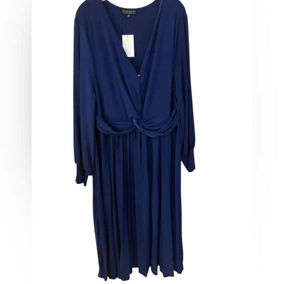 NWT ELOQUI Blue Slimming Midi Knot Front Pleated Skirt Long Sleeve Dress Size 24 - Picture 14 of 14
